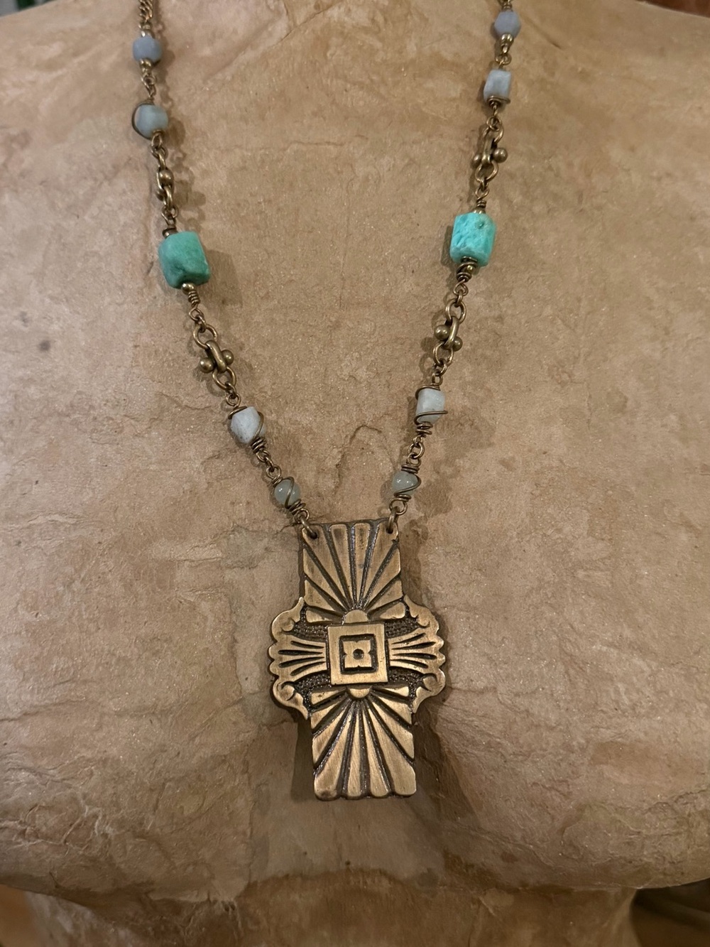 Unique Raw Chrysoprase, Aventurine and Amazonite Vintage Pendant Necklace